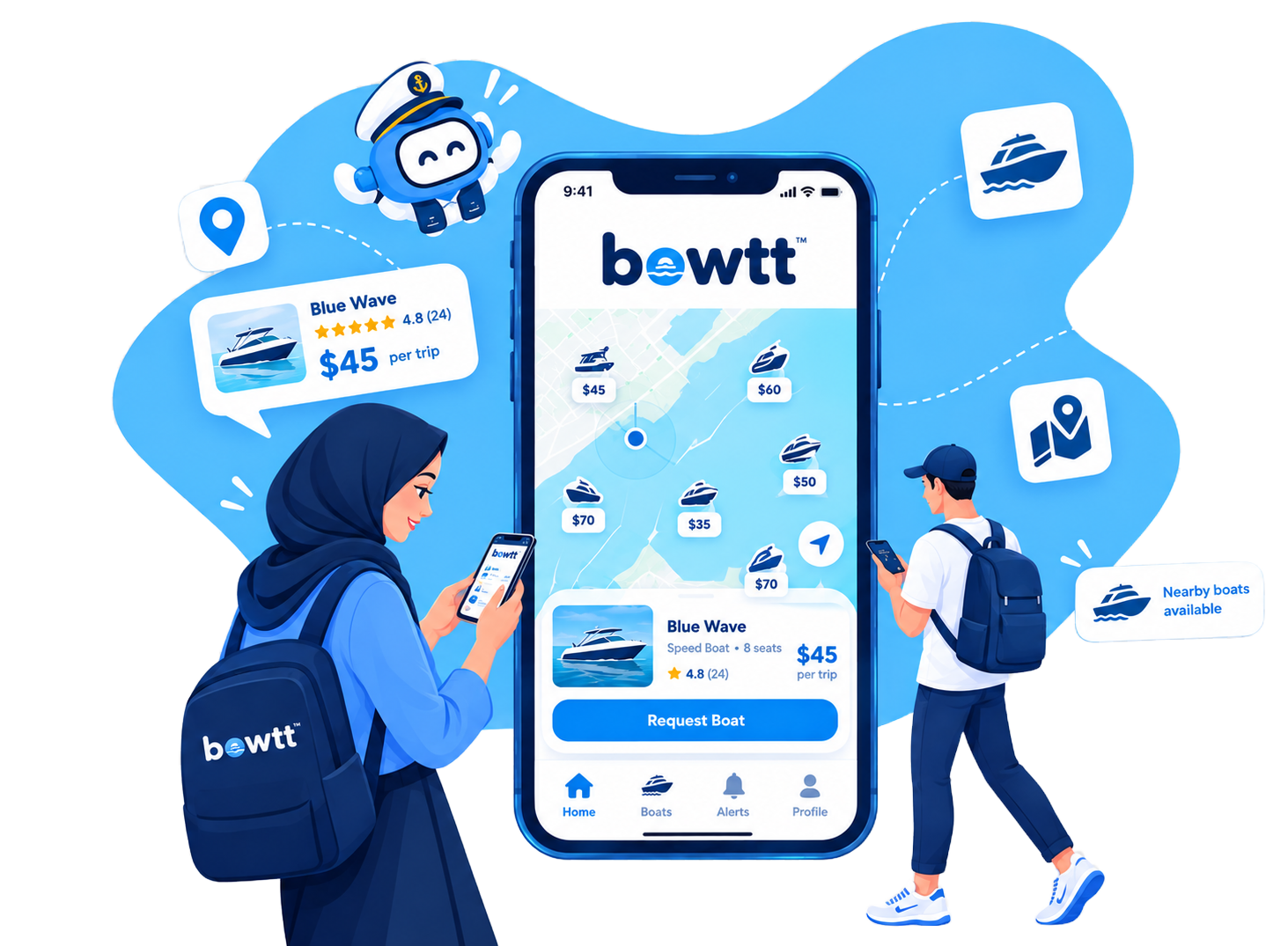 BOWTT app with passenger and captain illustrations