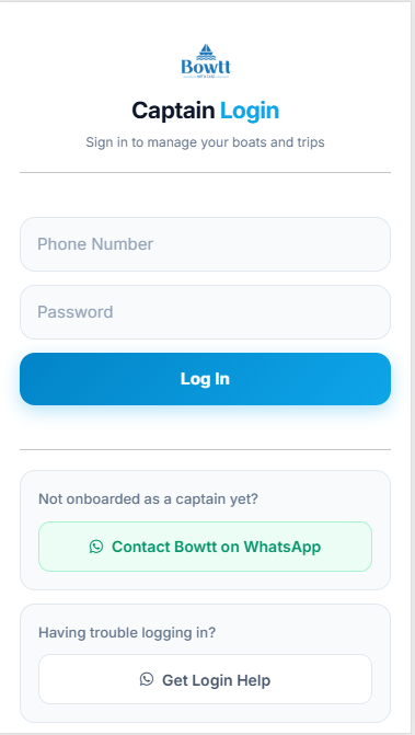 BOWTT captain login screen