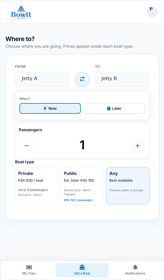 BOWTT passenger booking screen showing Jetty A to Jetty B
