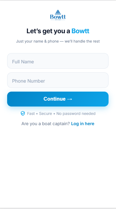 BOWTT passenger registration screen